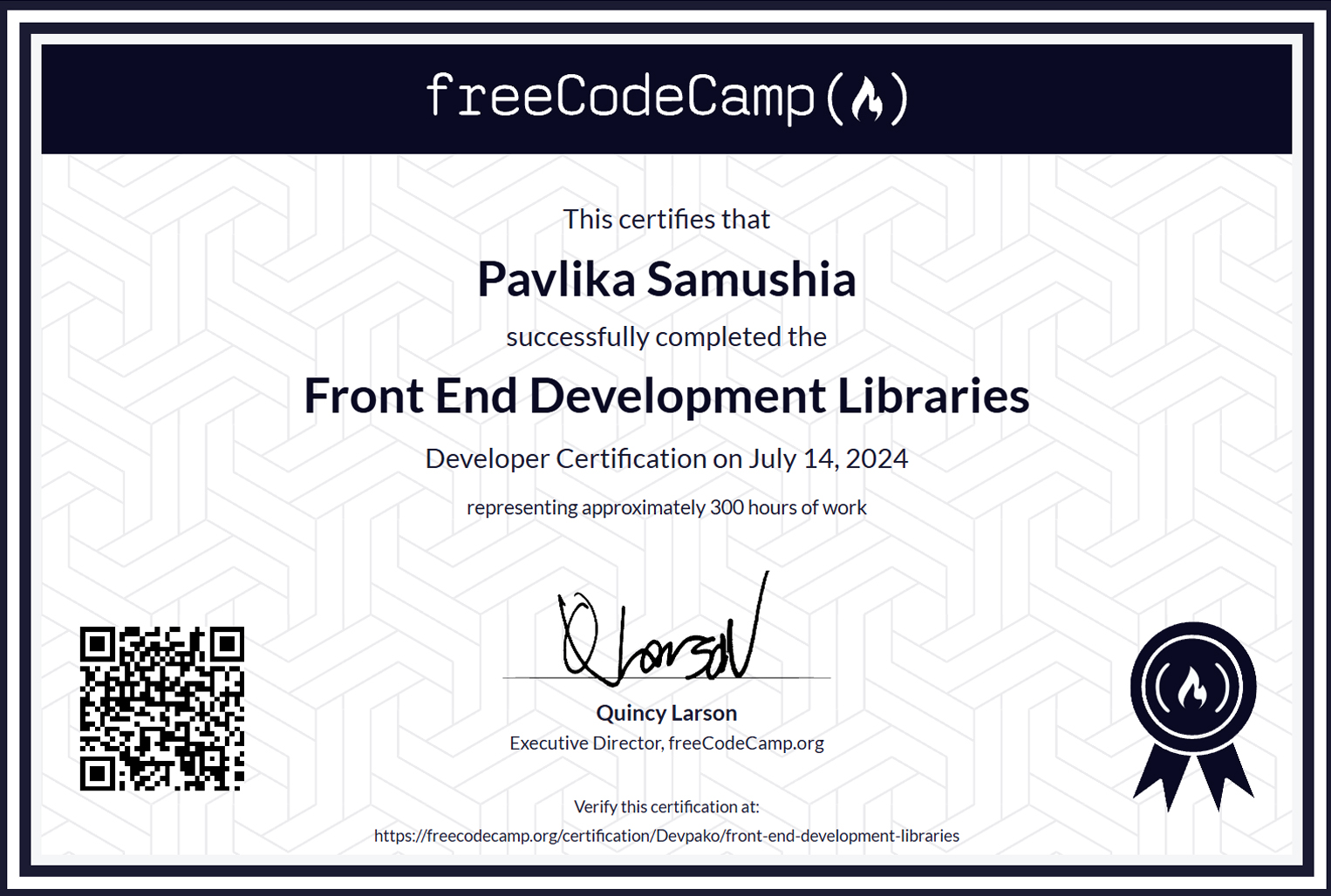 FreeCodeCamp Certificate for Pavlika Samsuhia