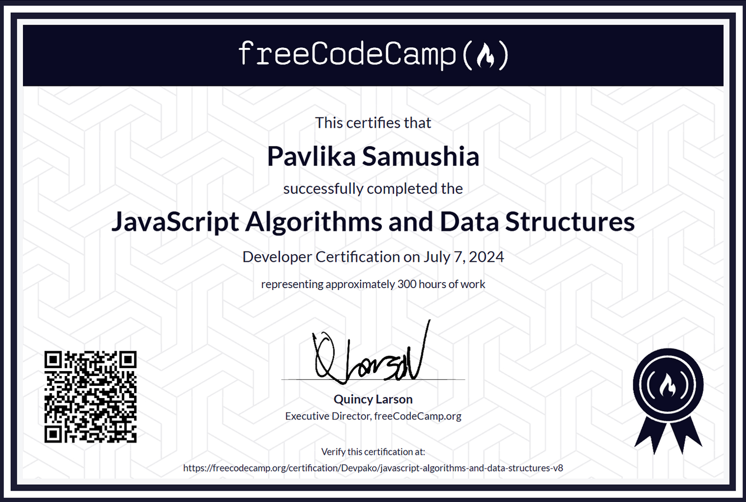 FreeCodeCamp Certificate for Pavlika Samushia
