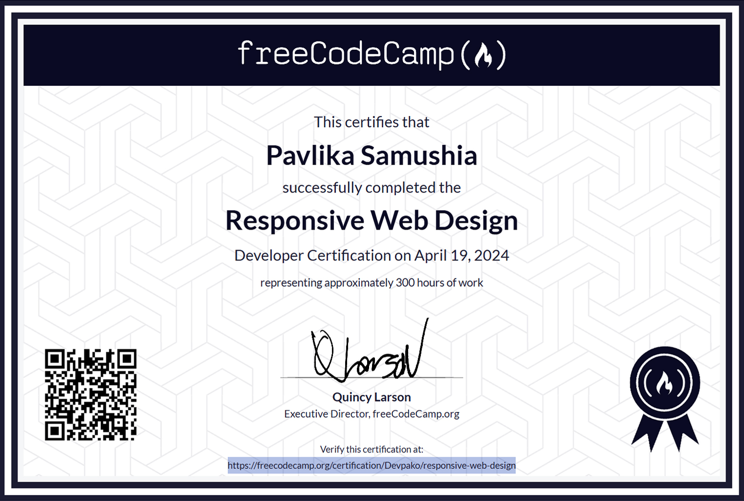 FreeCodeCamp Certificate for Pavlika Samushia
