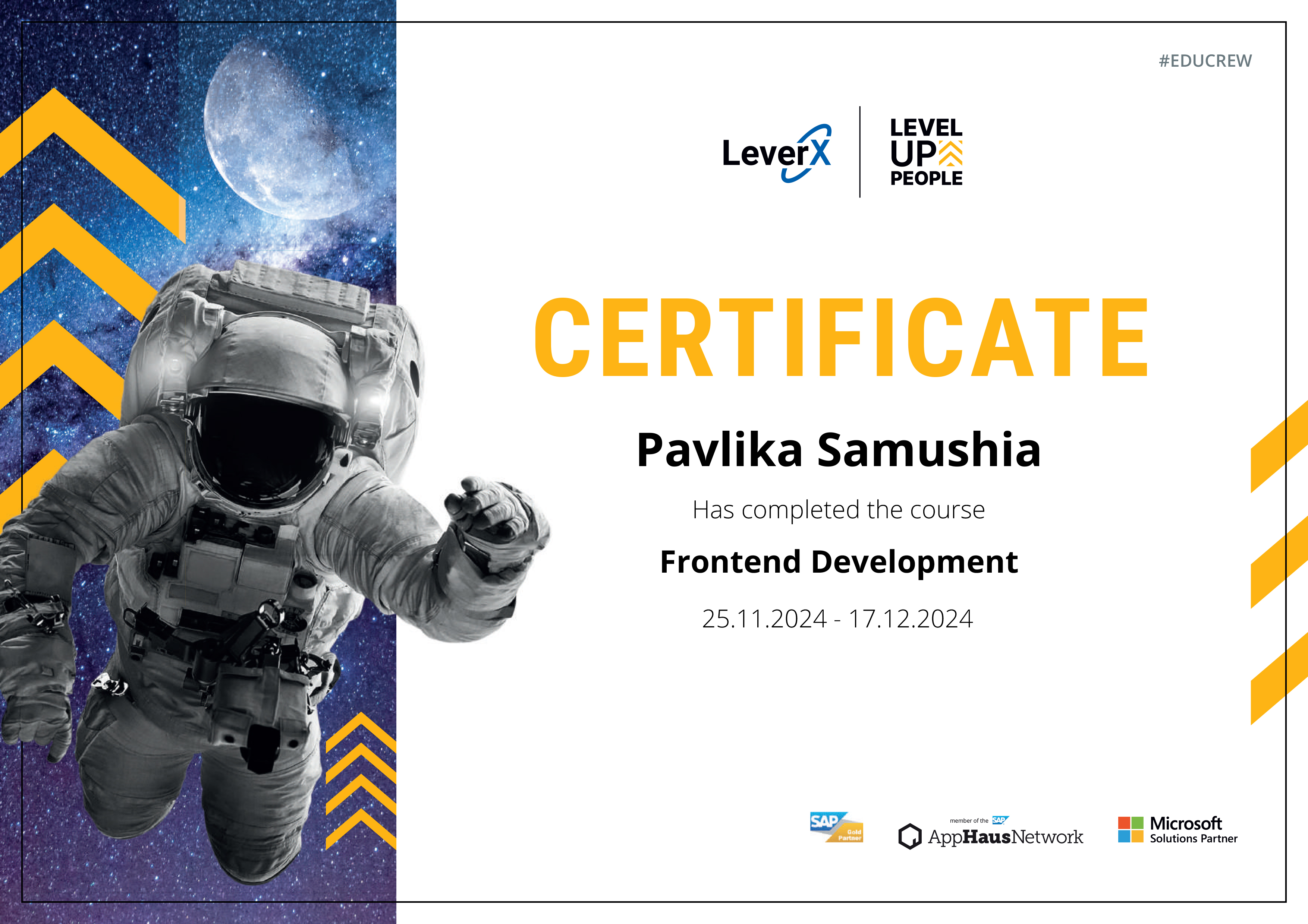 LeverX Certificate for Pavlika Samushia